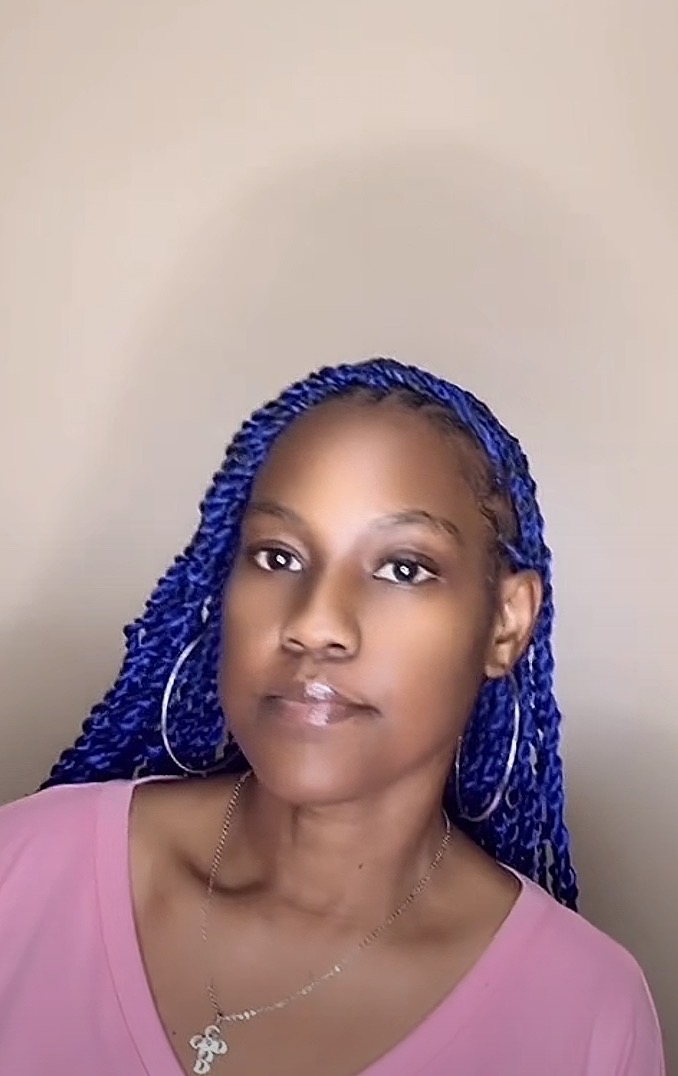Blue two-strand twists, front view.